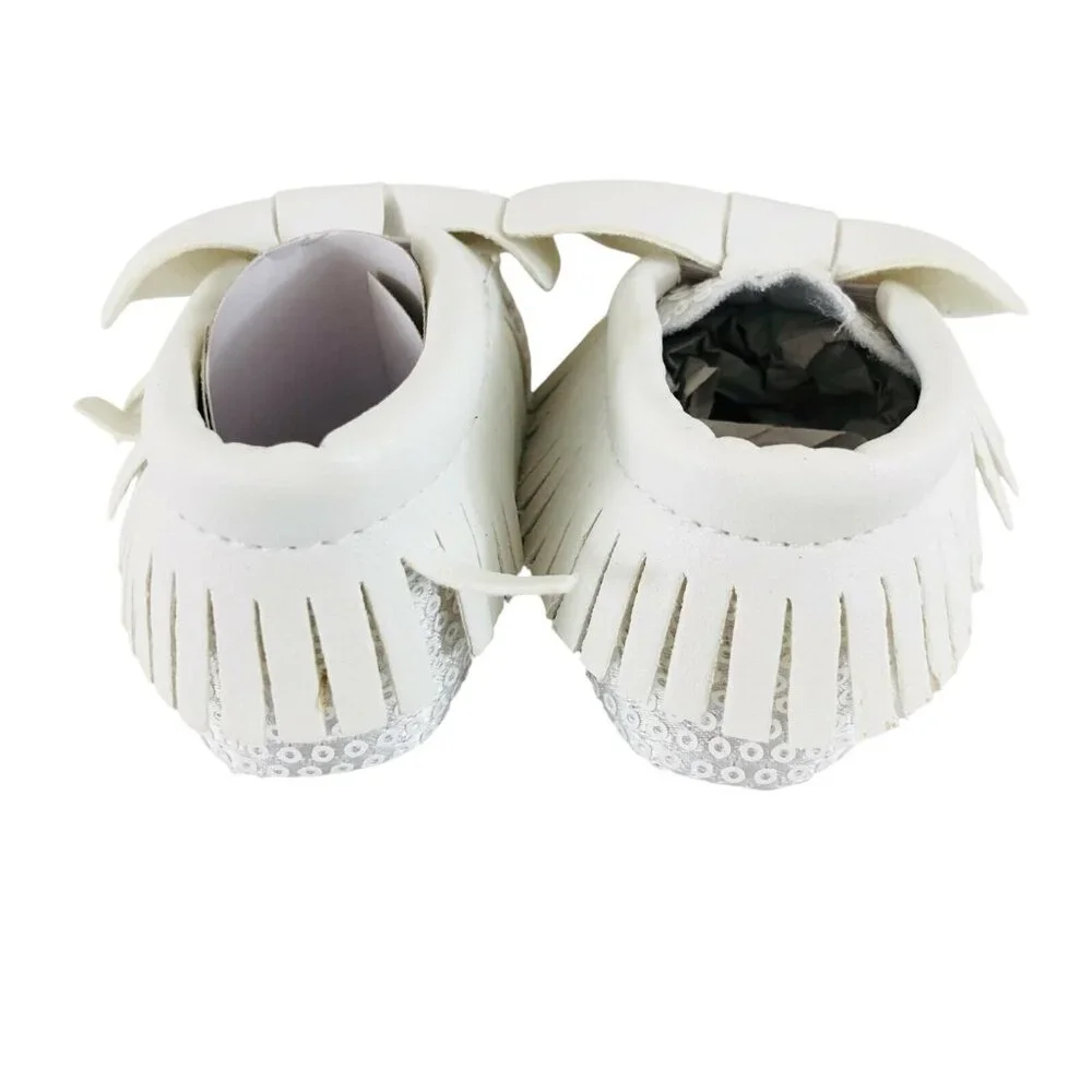 Baby Girls Dress Shoes Soft Sole Sequin Bow Fringe Faux Leather White Size 2